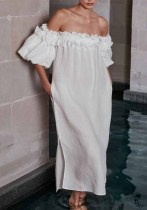 Women Off Shoulder Sexy Puff Sleeves Solid Lace Holidays Beach Dress