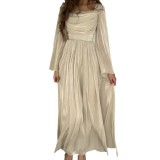 Women French Retro Square Neck Elegant Long Sleeve Pleated Dress