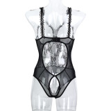 Women Temptation See-Through lace Heart Print Suspender Open Jumpsuit Sexy Lingerie