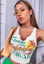 Women Open Collar Letter Print Tank Top