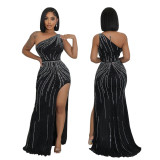 Women Sexy Slash Shoulder Beaded Slit Dress