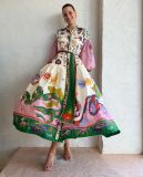 Women polo collar printed pleated long sleeve loose dress