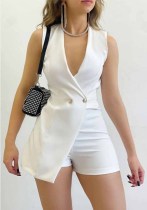 Women Solid V-Neck Two Button Career Jumpsuits