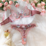 Women Lace Embroidered Bra Flower Embroidered Underwire Sexy LingerieSet