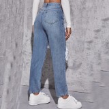 Women Ripped Washed Denim Pants