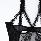 Women Temptation See-Through lace Heart Print Suspender Open Jumpsuit Sexy Lingerie