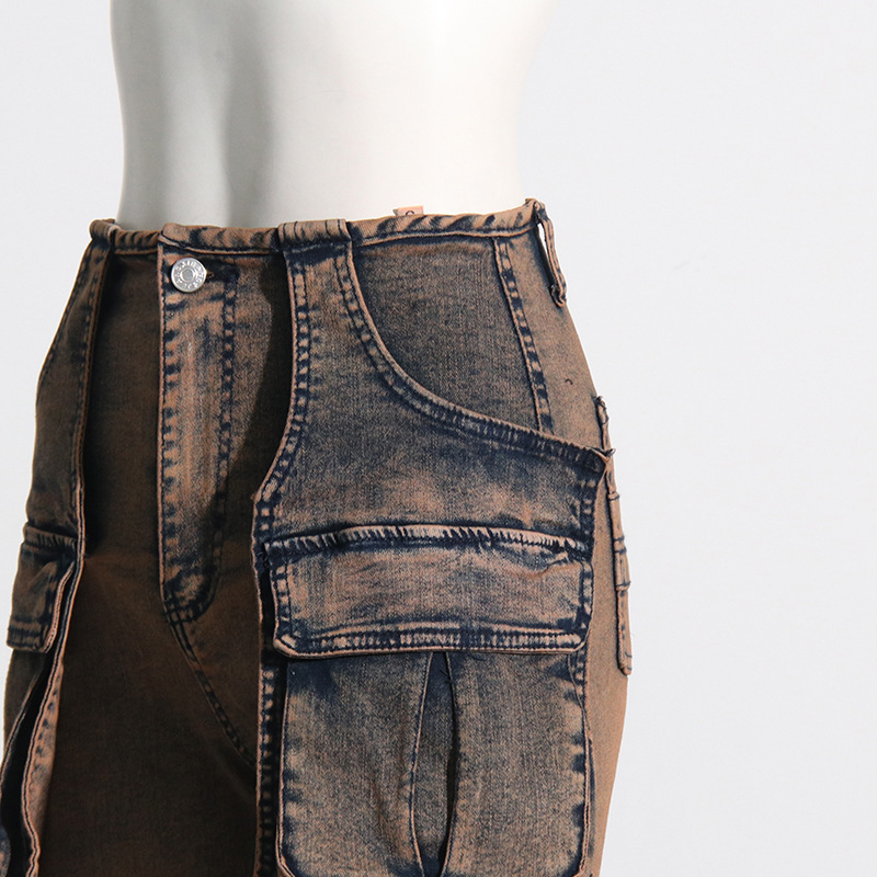 Patchwork Multi-Pocket Denim Pants for Casual Streetwear