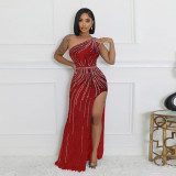 Women Sexy Slash Shoulder Beaded Slit Dress