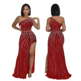 Women Sexy Slash Shoulder Beaded Slit Dress