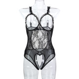 Women Temptation See-Through lace Heart Print Suspender Open Jumpsuit Sexy Lingerie