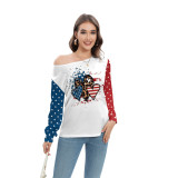 Spring Women's Star Stripe Print Fashion Long Sleeve T-Shirt Women's Slash Shoulder Top
