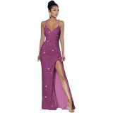 Sleeveless Backless Strap Red Deep V-Neck Sequin Dress（Processing time need 3-6 days）