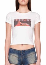 Slim Fit Short Round Neck Printed Short-Sleeved Top Casual T-Shirt