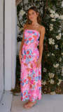 Spring Summer Chic Print Strapless Satin Dress