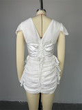 Women Summer V-Neck Short Sleeve Patchwork Pleated Mini Dress
