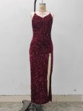 Summer Women's High Waist Sexy Fashion Straps Sequin Slit Dress