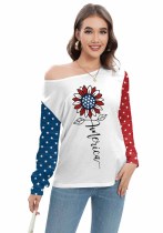 Spring Women's Star Stripe Print Fashion Long Sleeve T-Shirt Women's Slash Shoulder Top