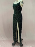 Summer Women's High Waist Sexy Fashion Straps Sequin Slit Dress