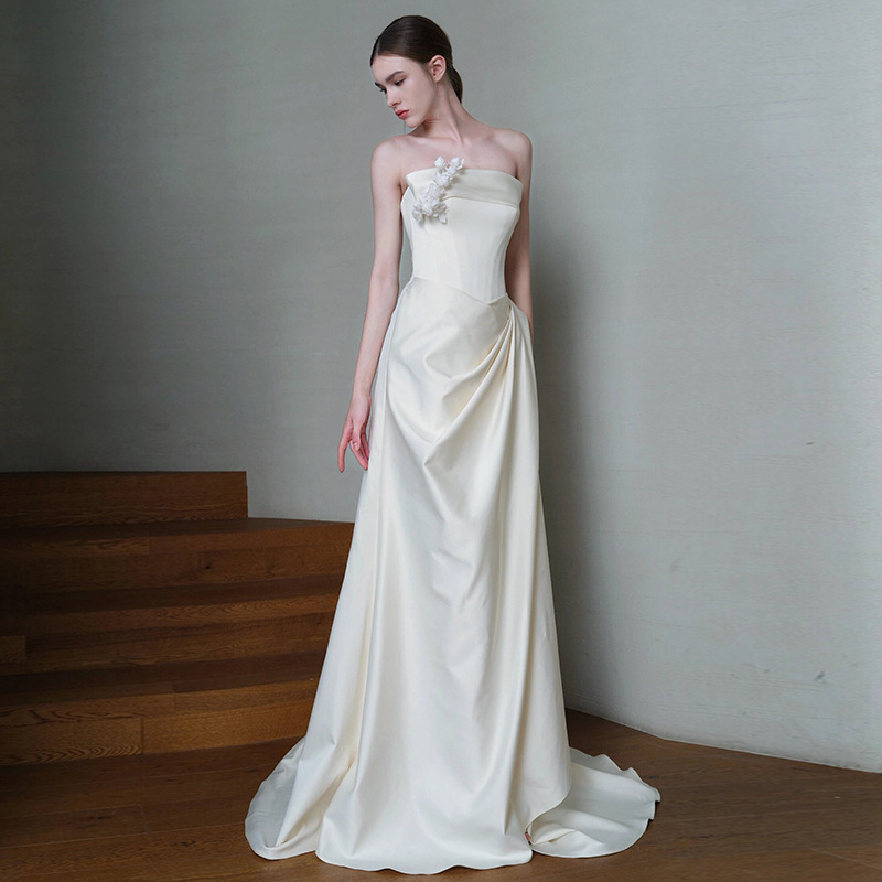 Strapless Wedding Dress Chic Bridal White Luxurious Satin Evening Dress(Processing time need 3-6 days)