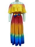 Women's Gradient Color Printed Off Shoulder Maxi Dress