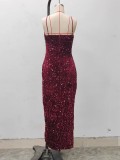 Summer Women's High Waist Sexy Fashion Straps Sequin Slit Dress