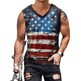 Summer Men's Vest Men's Star Stripe Print V-Neck Sleeveless Top