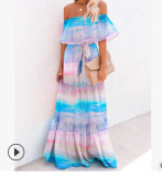 Women's Gradient Color Printed Off Shoulder Maxi Dress