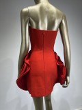 Red Strapless Flower Tight Fitting Formal Party Dress