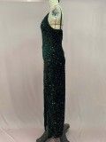 Summer Women's High Waist Sexy Fashion Straps Sequin Slit Dress