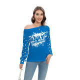 Spring Women's Star Stripe Print Fashion Long Sleeve T-Shirt Women's Slash Shoulder Top