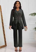 Stylish Solid Color Long Jacket Strap Jumpsuit Two-Piece Set