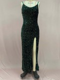 Summer Women's High Waist Sexy Fashion Straps Sequin Slit Dress