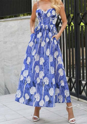 Spring Summer Women's Fashion Sexy Printed Slim Waist Strap Maxi Dress