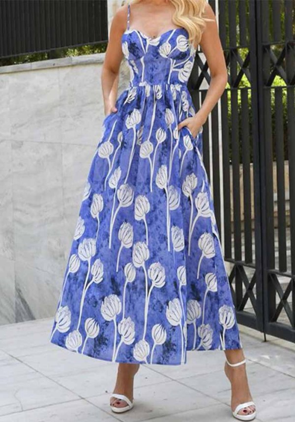 Spring Summer Women's Fashion Sexy Printed Slim Waist Strap Maxi Dress