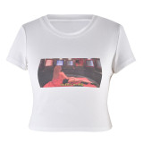 Slim Fit Short Round Neck Printed Short-Sleeved Top Casual T-Shirt