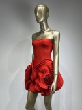 Red Strapless Flower Tight Fitting Formal Party Dress