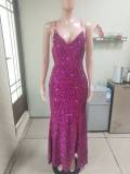 Sleeveless Backless Strap Red Deep V-Neck Sequin Dress（Processing time need 3-6 days）