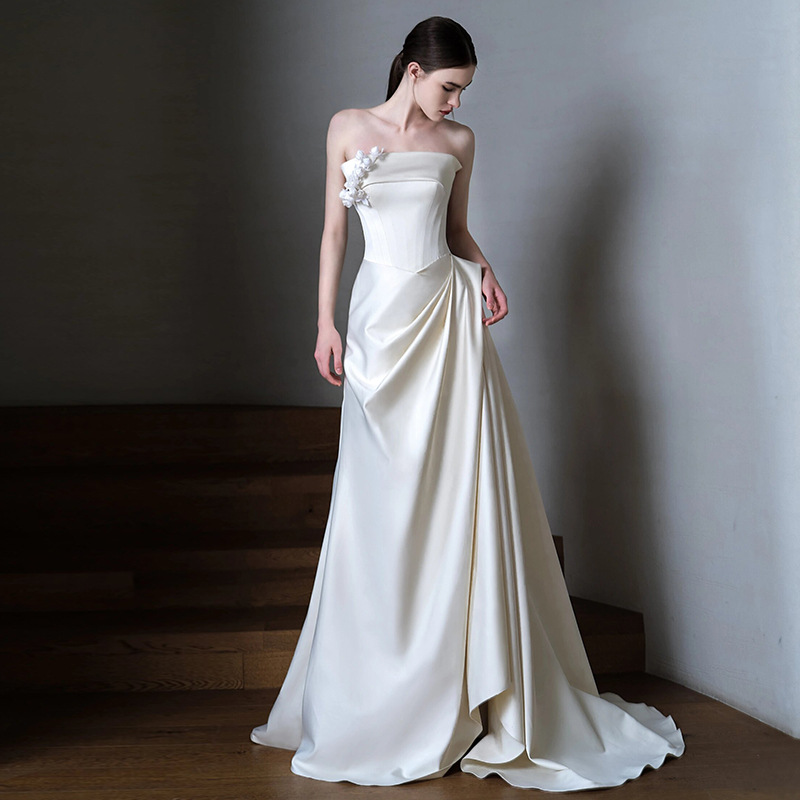 Strapless Wedding Dress Chic Bridal White Luxurious Satin Evening Dress(Processing time need 3-6 days)