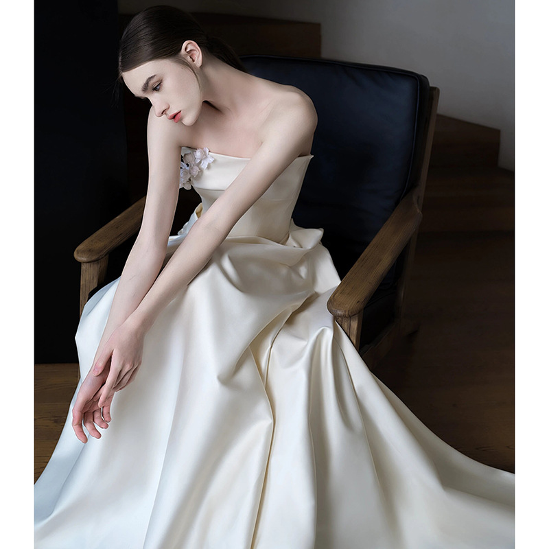 Strapless Wedding Dress Chic Bridal White Luxurious Satin Evening Dress(Processing time need 3-6 days)