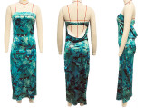 Spring Summer Chic Print Strapless Satin Dress