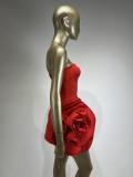 Red Strapless Flower Tight Fitting Formal Party Dress