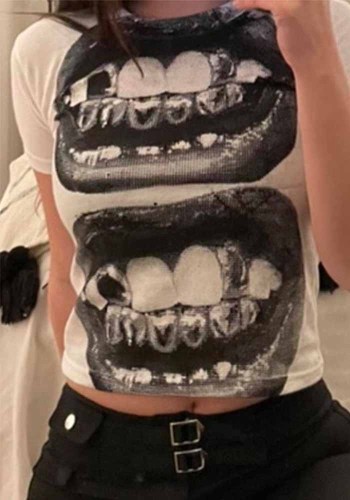Summer Gothic Outfits Women's Club Lip Print Cropped Top Short Sleeve T-Shirt