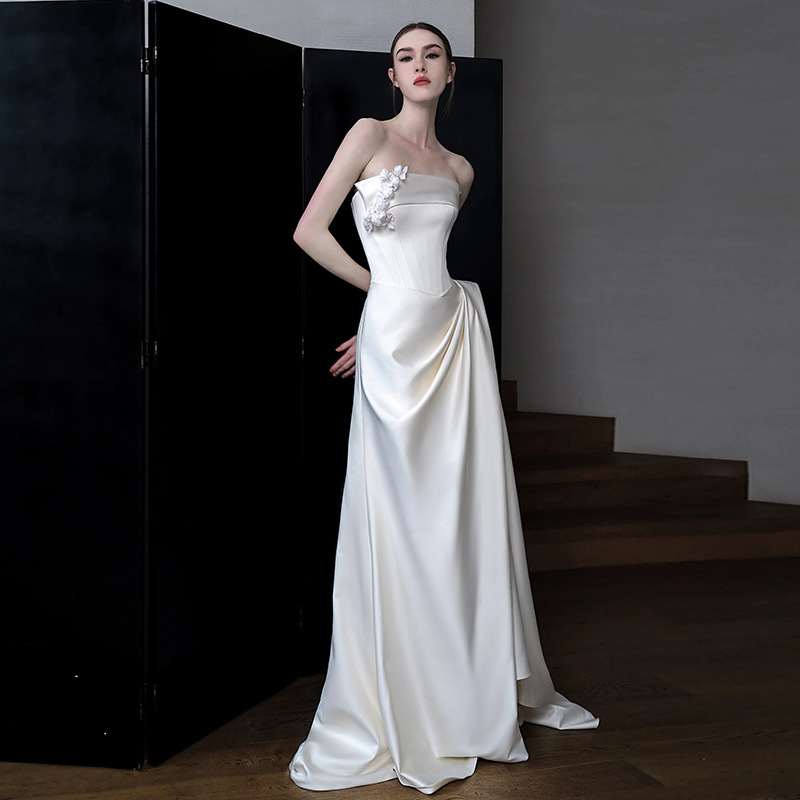 Strapless Wedding Dress Chic Bridal White Luxurious Satin Evening Dress(Processing time need 3-6 days)