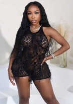 Women's Sexy Halter Neck Knitting Hollow Tassel Short Jumpsuit