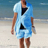 Men's Casual Loose Beach Wear Solid Short Sleeve Shirt and Shorts Two-piece Set