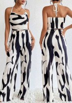 Women Summer Printed Halter Neck Wide Leg Pants Casual Two-piece Set