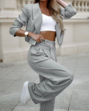 Women Casual Striped Turndown Collar Crop Blazer Straight Leg Pants Two-Piece Set