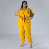 Plus Size Women Summer Button Tie Solid Top And Pant Casual Two-piece Set