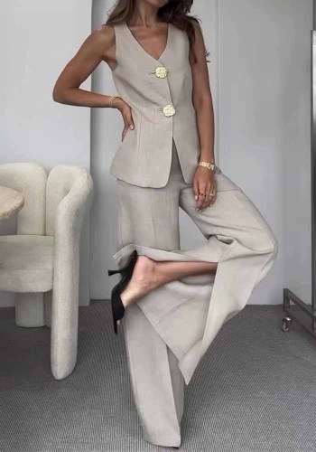 Women Solid v-neck sleeveless vest and wide-leg pants two-piece set