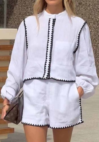 Women Round Neck Long Sleeve Top And Shorts Two-piece Set